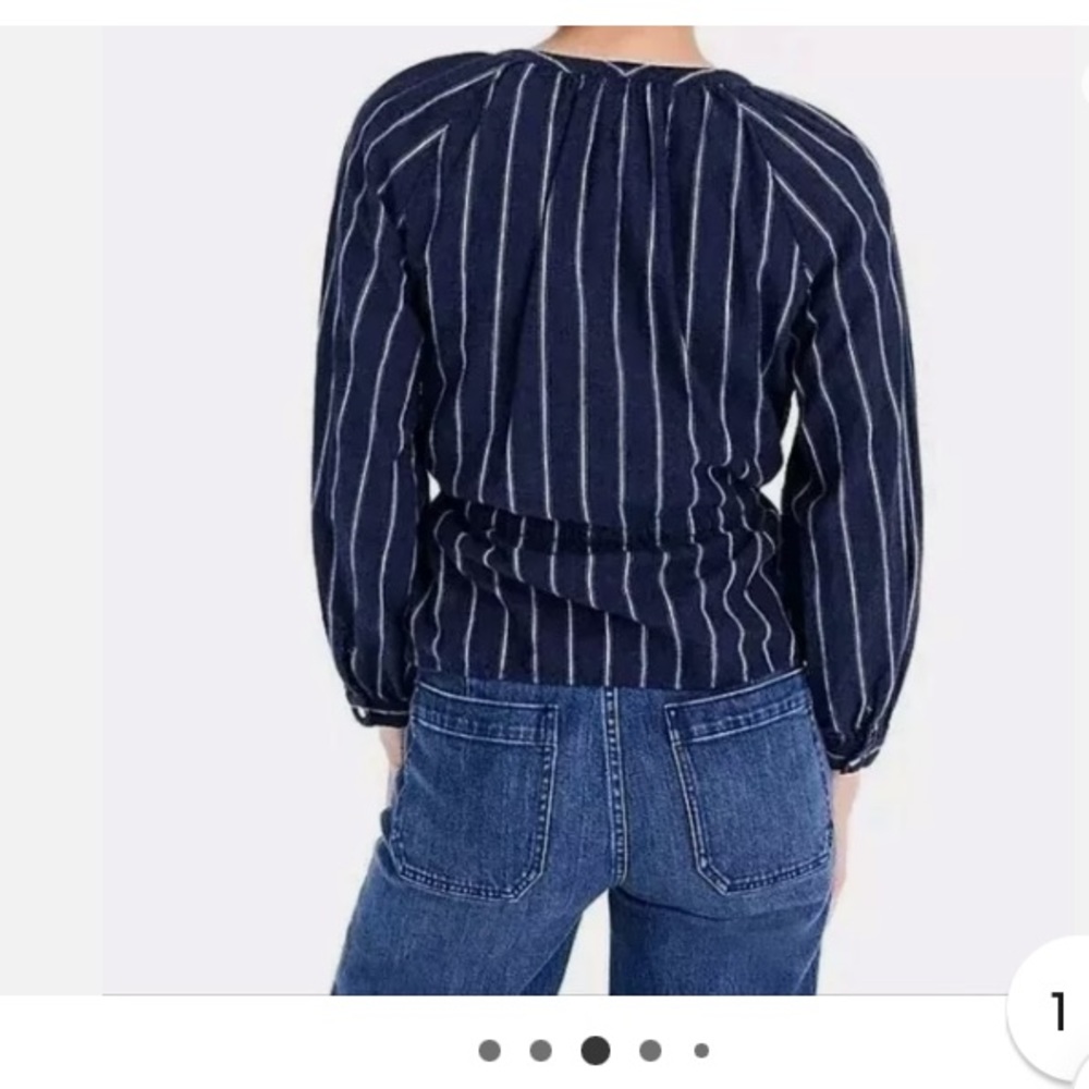 J. Crew Tie-Waist Navy White Stripe Linen-Blend Button-Up Long Sleeve Blouse 10P - Picture 6 of 8